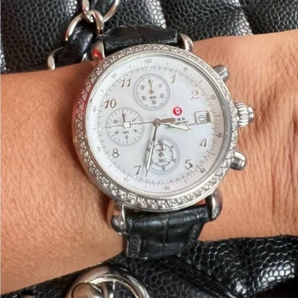Michele Diamond Watch w Black Strap and extra pink strap